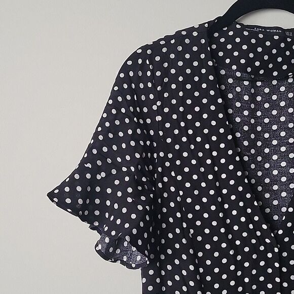 Zara Polka Dot Mini Black Summer Fit Flare Whimsy Goth Flowy Milkmaid Dress - Picture 3 of 15